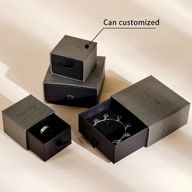 Custom logo printed luxury Earring Bracelet Necklace Ring Luxury Box gift slide drawer black packaging jewelry box