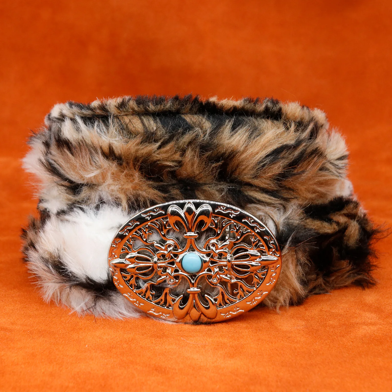 Luxury Fashion Ladies Faux Leopard Long Fur PU Leather Dress Belt for Women with Western Buckle