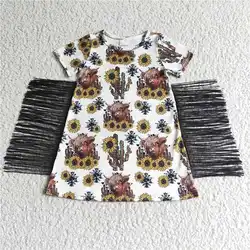 Kids Summer Sunflower Fringe Dress Wholesale Baby Girl Short Sleeve Tassel Floral Leopard Clothing Children Toddler New Clothes