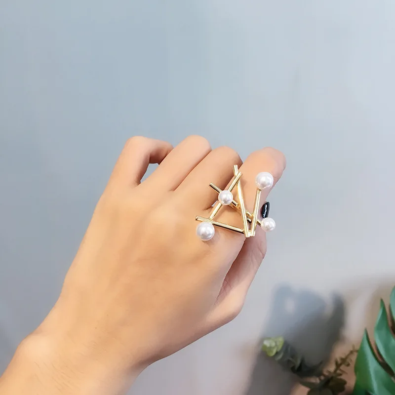 
creative exaggerated personality metal inlaid pearl open ring bracelet bangle cuff bar pearl hand bangle jewelry for female 