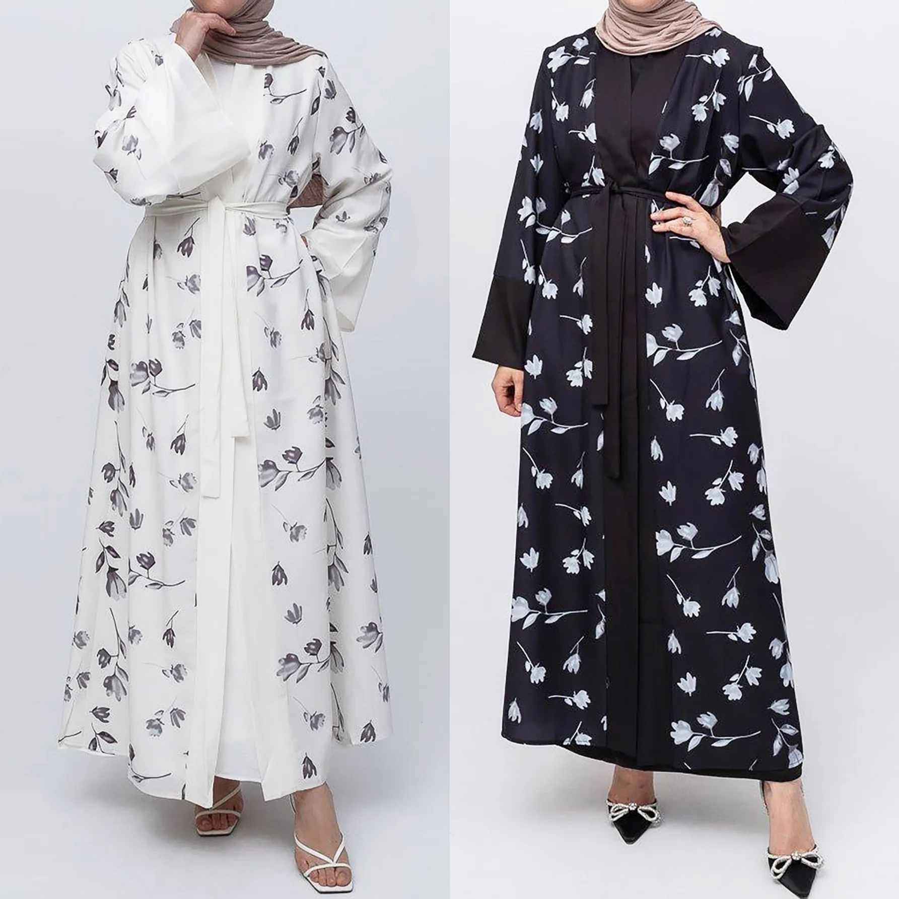 Wholesale Printed Abaya Arabic Floral Kimono Cardigan And Sleeveless Inner Slip Modest Women Muslim Dress Open Abaya Set