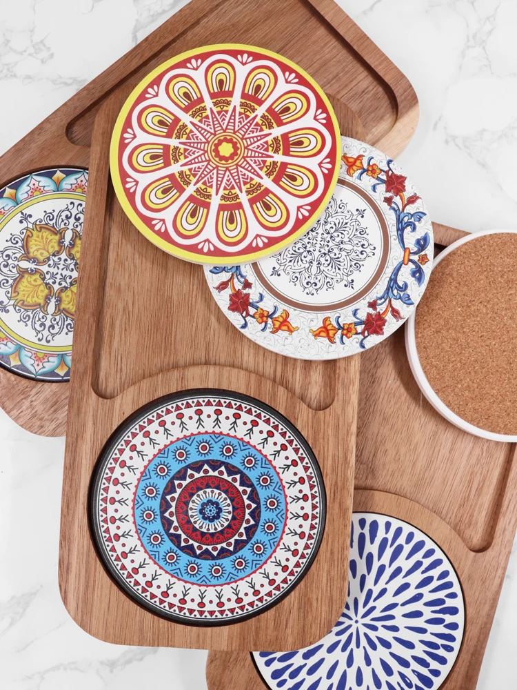 Wholesale Custom Acacia Wood Tray with Coaster Eco-Friendly Dinner Plates for Food Features Plant Pattern