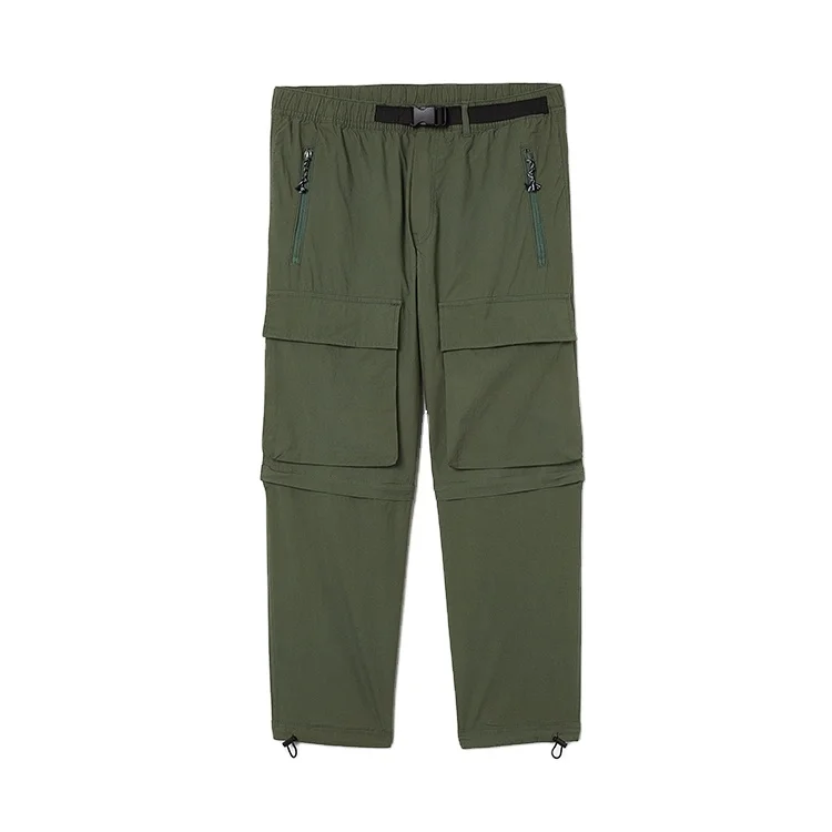 khaki green sheer plastic buckle chino sport long canvas cotton cargo pant drawstring zipper baggy casual half pants for men