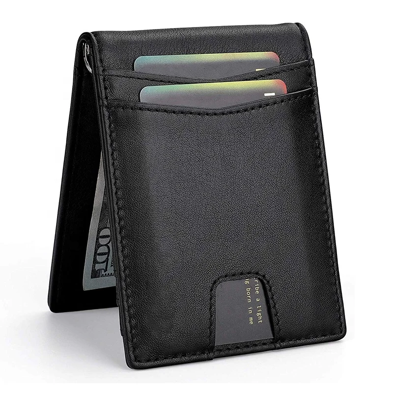 Hot Selling Cow Leather Front Pockets RFID Blacking Protection Slim Small Bifold Money Clip Wallet for Men