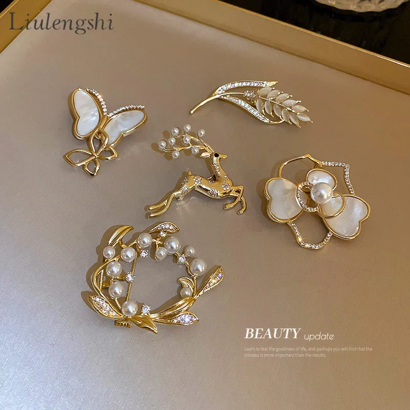Gold Plated White Enamel Deer Pearl Open Heart Wheat Pearl Brooches Enamel Butterfly Wheat Ear Leaf Pearl Circle Brooch Pin