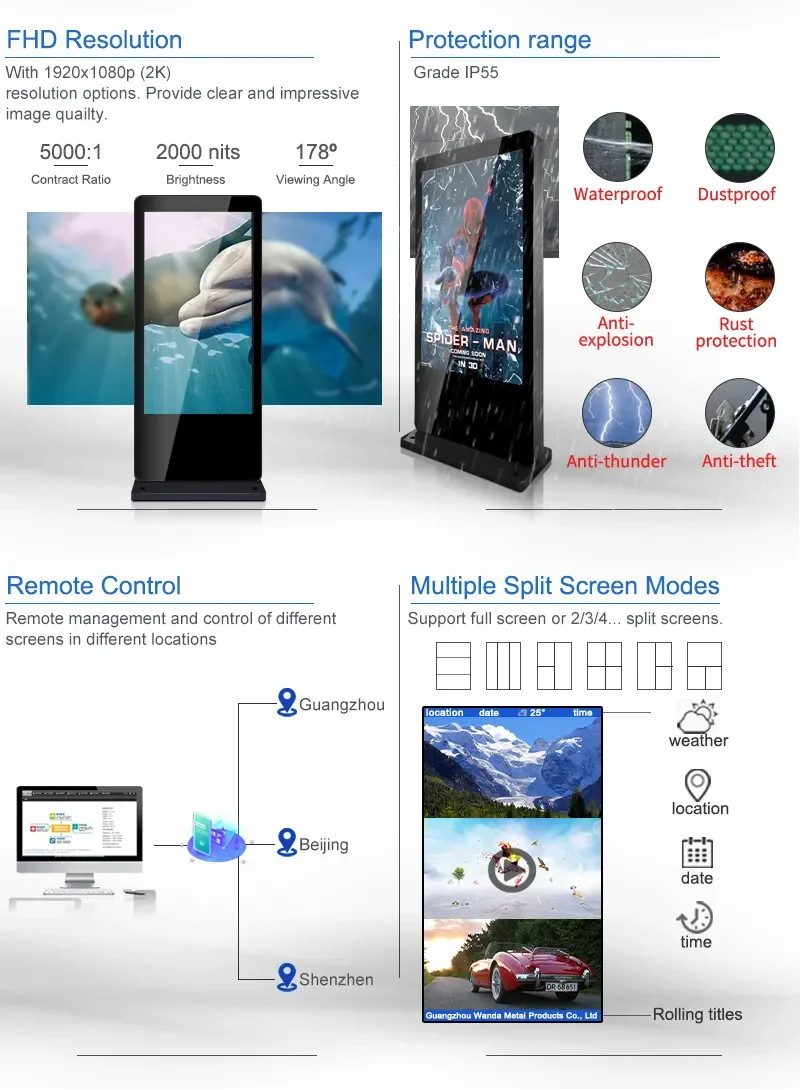 43 inch inchwaterproof IP55 touch screen ultra slim design advertising screen media player outdoor LCD Digital Signage display