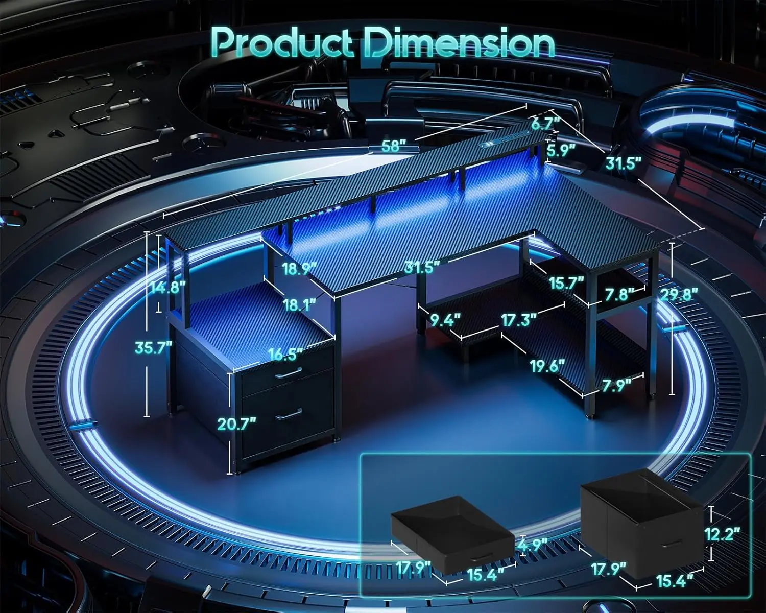 57 Inch L Shaped Gaming Computer Desk with USB Charging Ports & Power Outlets,  Study Table with LED Lighting, Carbon Black