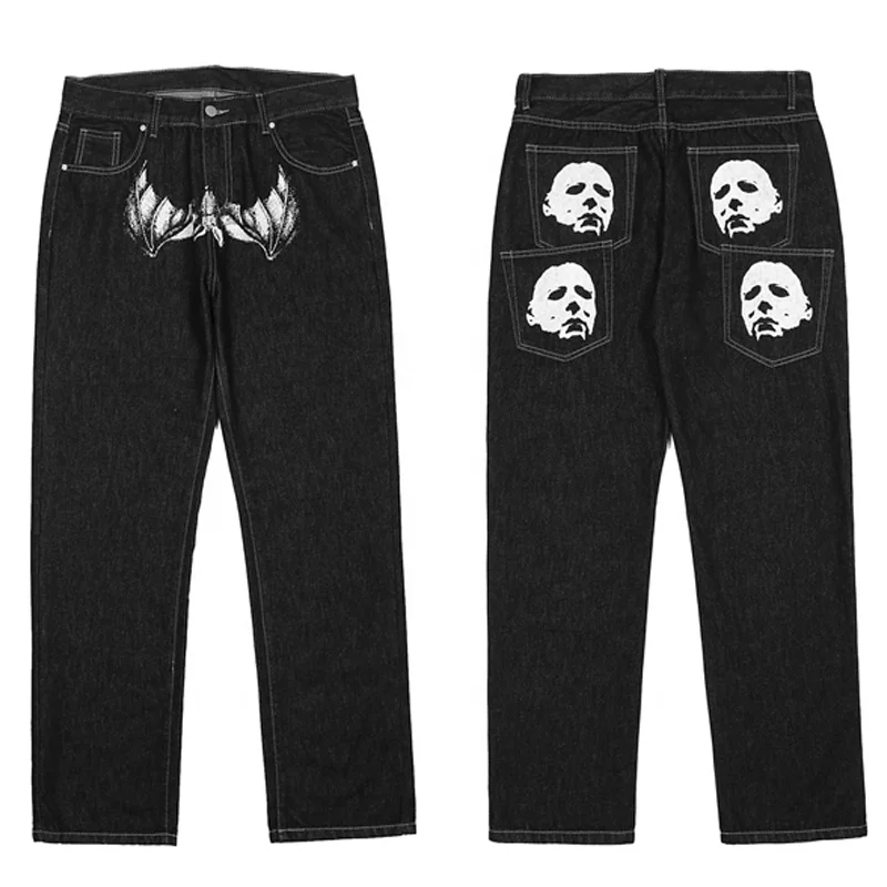 Custom stacked jeans black loose fit Y2K baggy jeans vintage punk hip hop wide leg pants for men