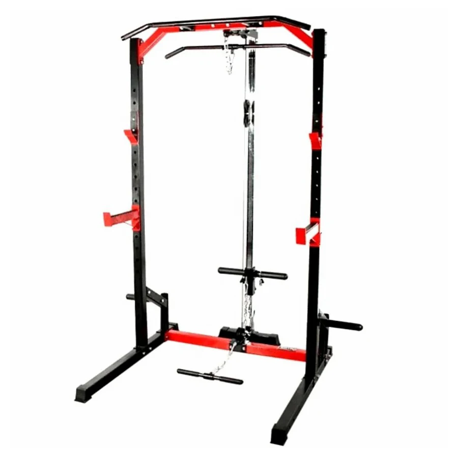 Half Power Rack with Lats Attachments and Nylon Padded J-Hooks & Spotter Arms Multi Grip Pull Up Bar