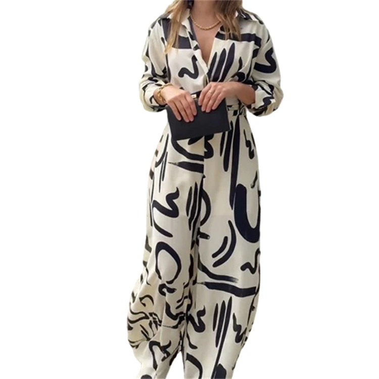 Latest fashion one piece women fall clothing 2024 trendy printed long sleeve wide leg jumpsuit women casual loose romper