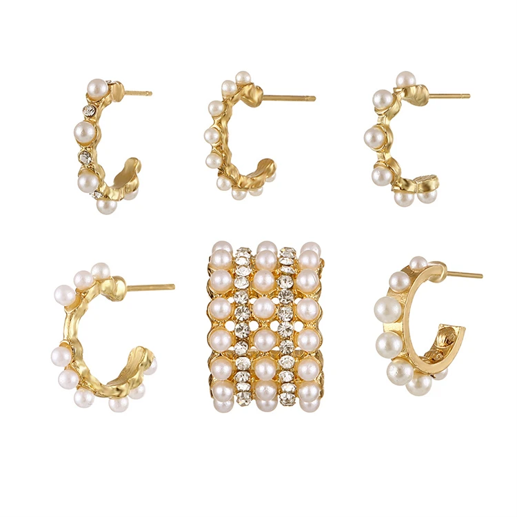 Fashion Pearl Jewelry 6Pcs/Set Crystal Pearl Beaded Ear Cuff Chunky Dainty Ear Clip Golden Stud Earrings with Pearls
