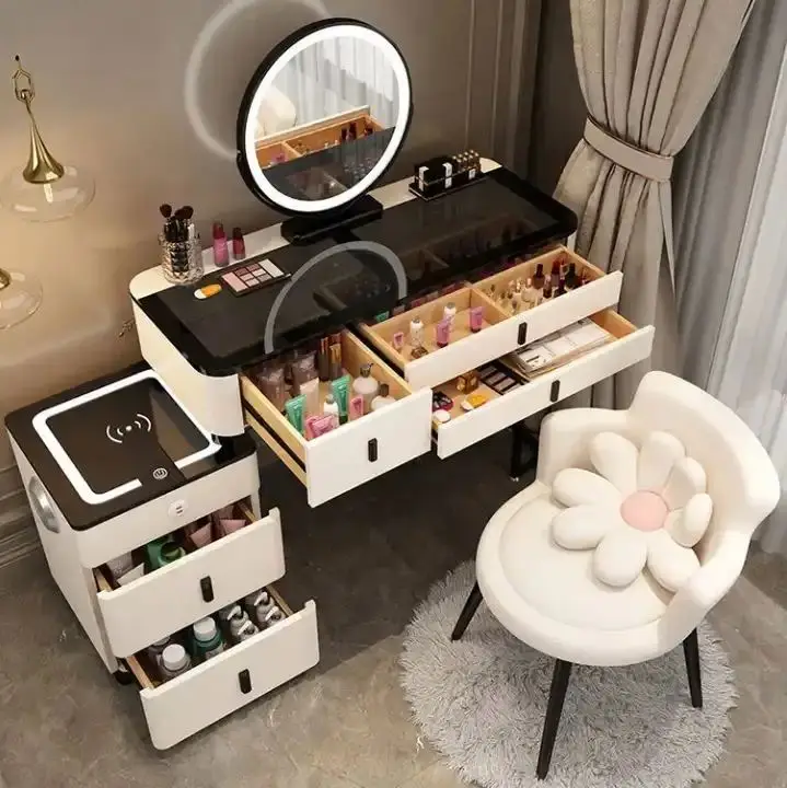 Modern Furniture Vanity Makeup Dresser One Set Design Metal Feet Bedroom Dressing Table With LED Mirror Wireless Charging