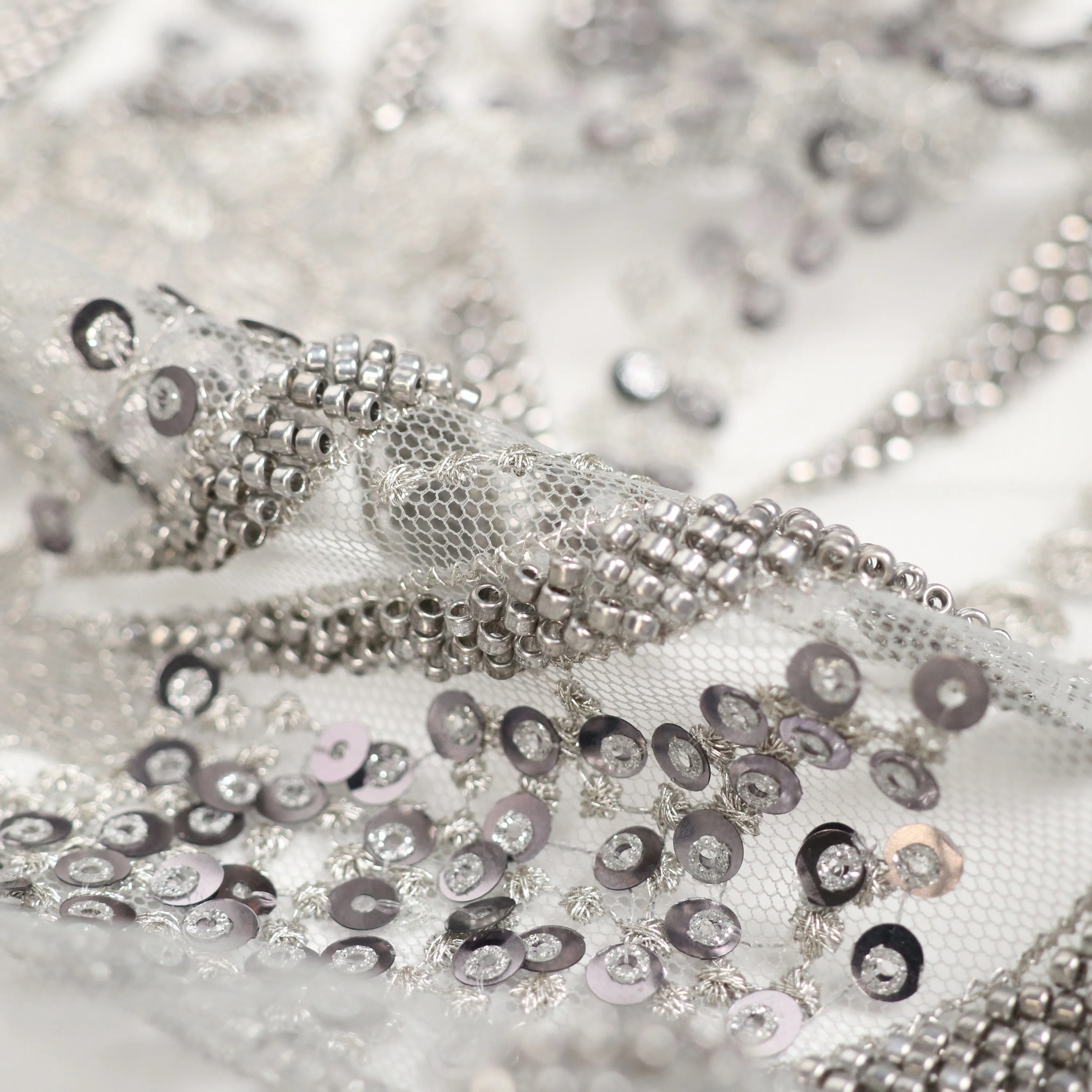 Luxury Heavy grey tulle with gun grey beads with 3+5mm sequin Lace Flower Fabric For Wedding party dress