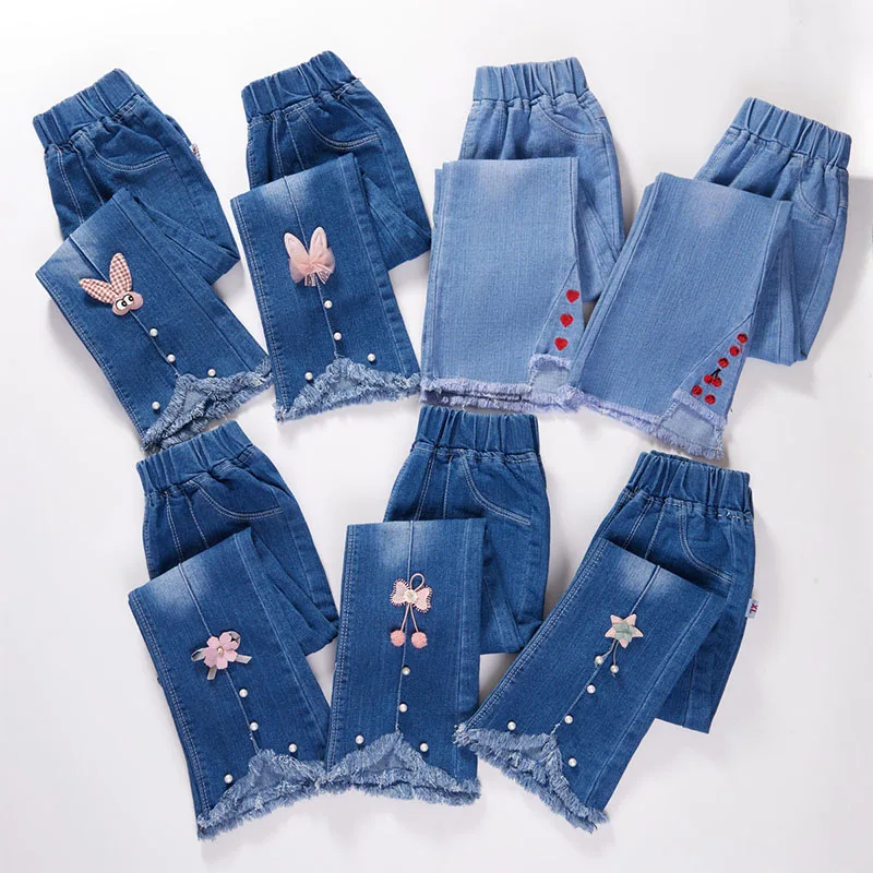 Children Blue Cute Washed Flared Denim Trousers for 3-13 Years Fashion Toddler Girl Sweet Bell-Bottoms Jeans Pants A0862