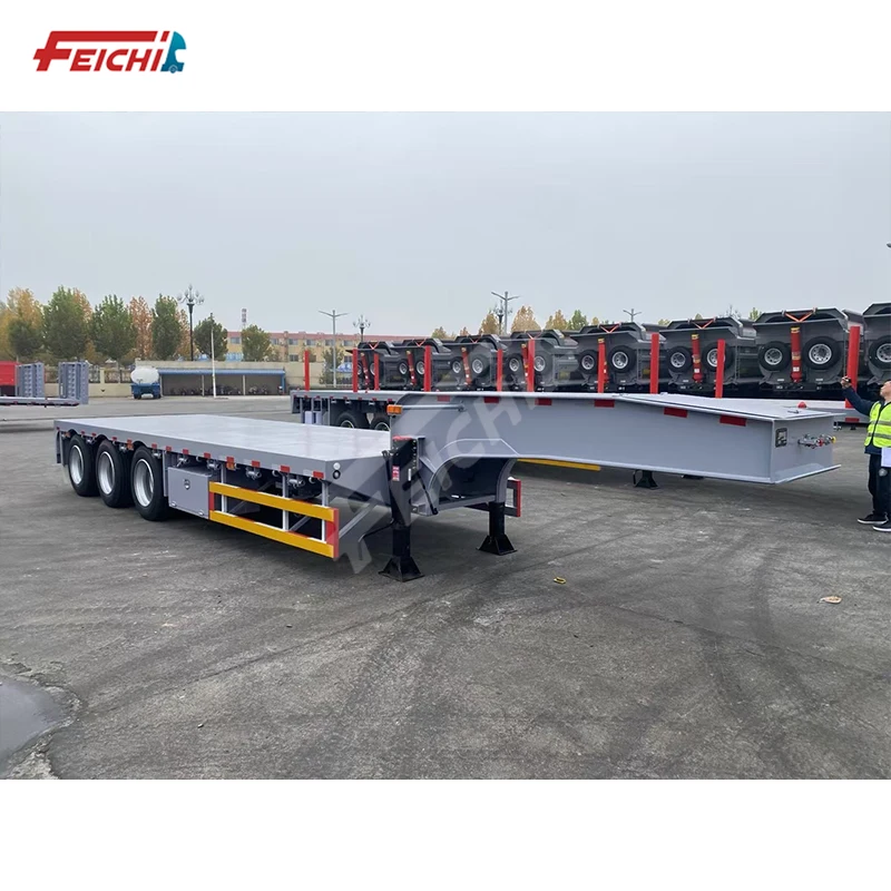Feichi brand high quality 3 axles 11 meters lowbed SEMI-TRAILER TRANSPORT 50 TONS low flat semi trailer for sale