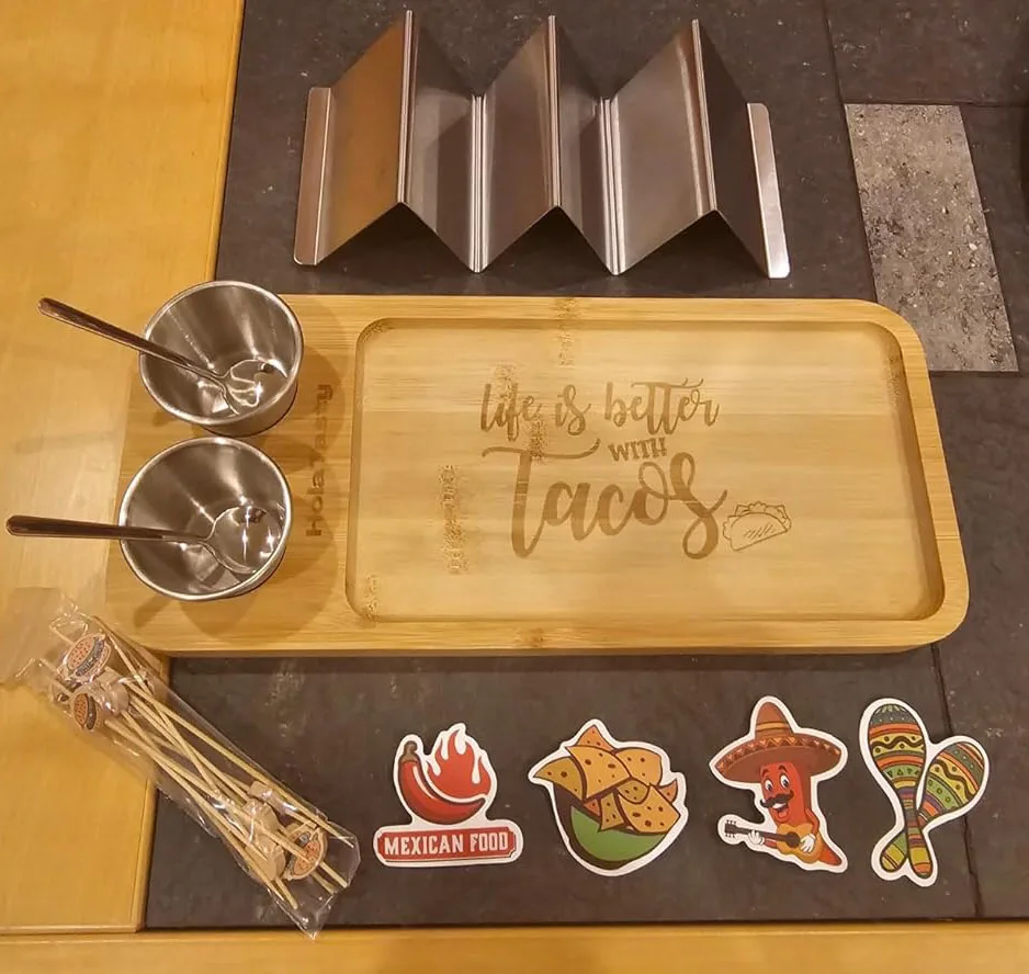 3-in-1 Taco Holder Kit Set Stainless Steel Shell Stand Bamboo Serving Tray with Sauce Cup