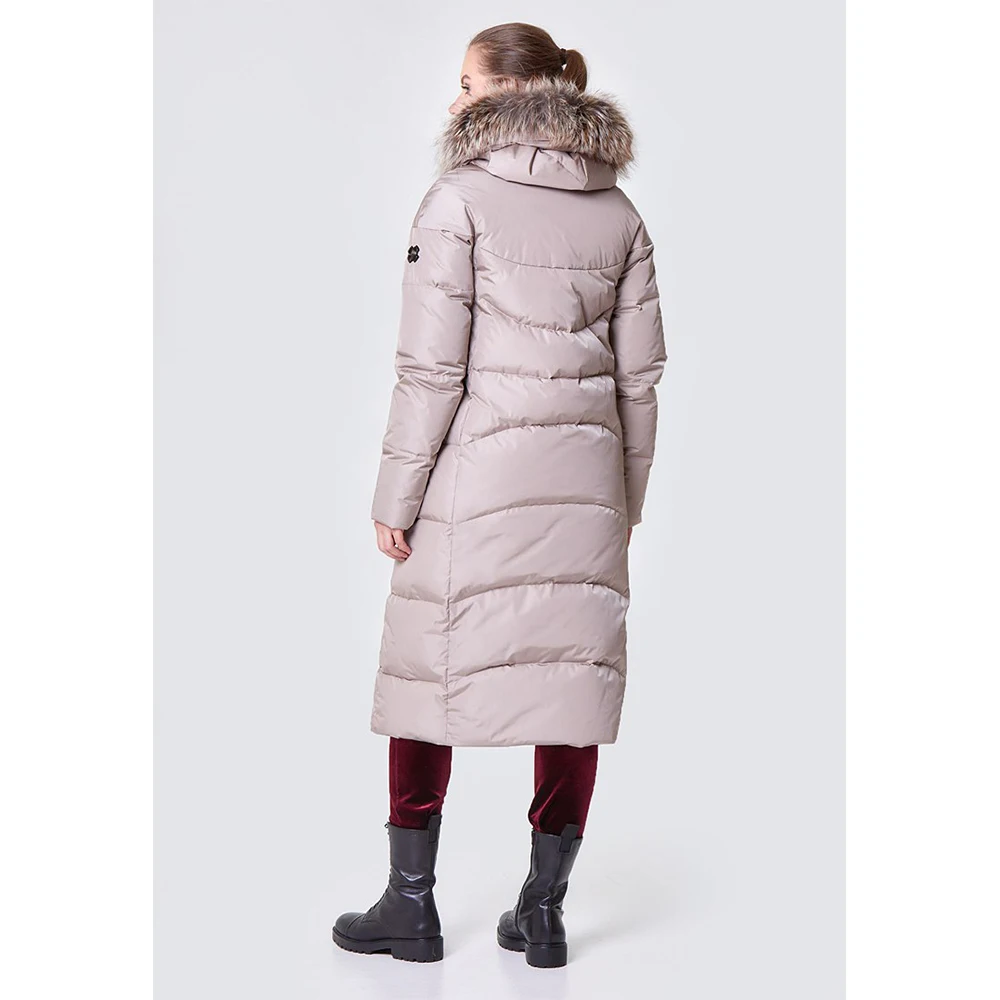 Natural goose down winter jacket for women with fur hood/ Unique shoulder cut ladies winter zipper coat for cold weather