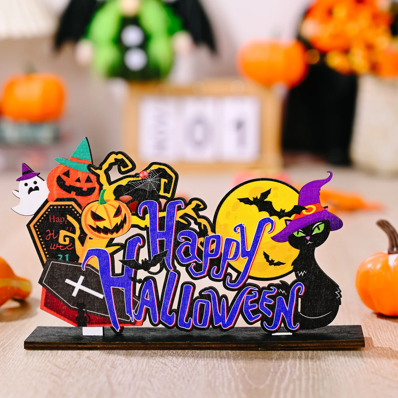 Happy Halloween Home Decor Gift DIY Wooden Table Sign Pumpkin Ghost Decoration Home Desktop Creative Ghost Painted Wood Ornament