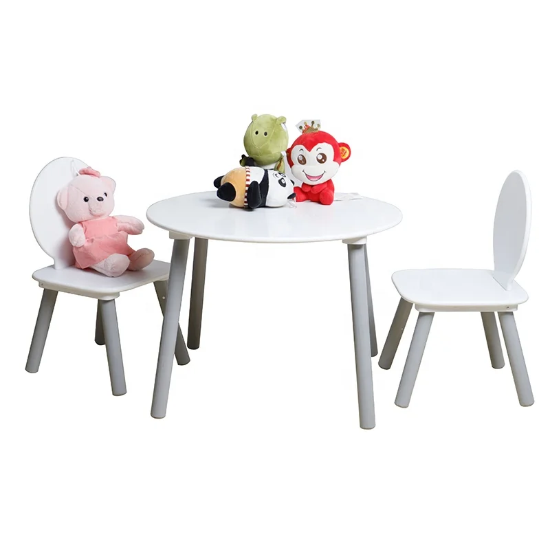 White Color Kids furniture round wood children table and 4 chairs set, chairs and table set for kids