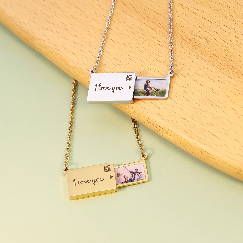 Fashion Custom Photo Engraved Letter Envelope Pendant Necklace Stainless Steel Clavicle Chain Necklace