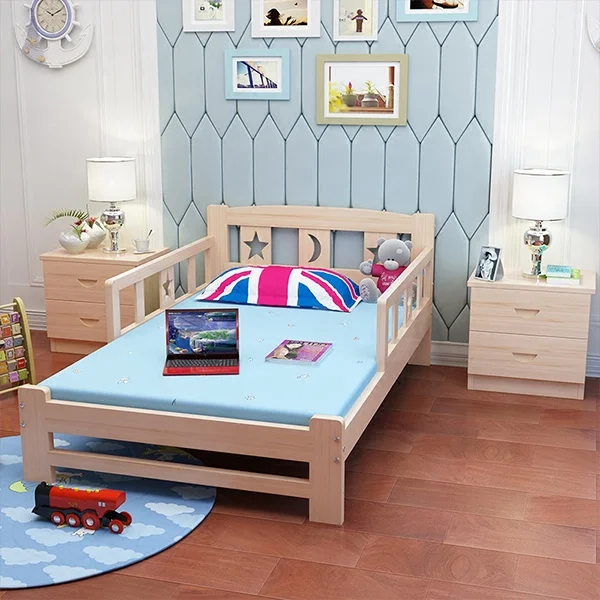 Wooden bed frame single children kids cot bed safety widening stitching baby bed
