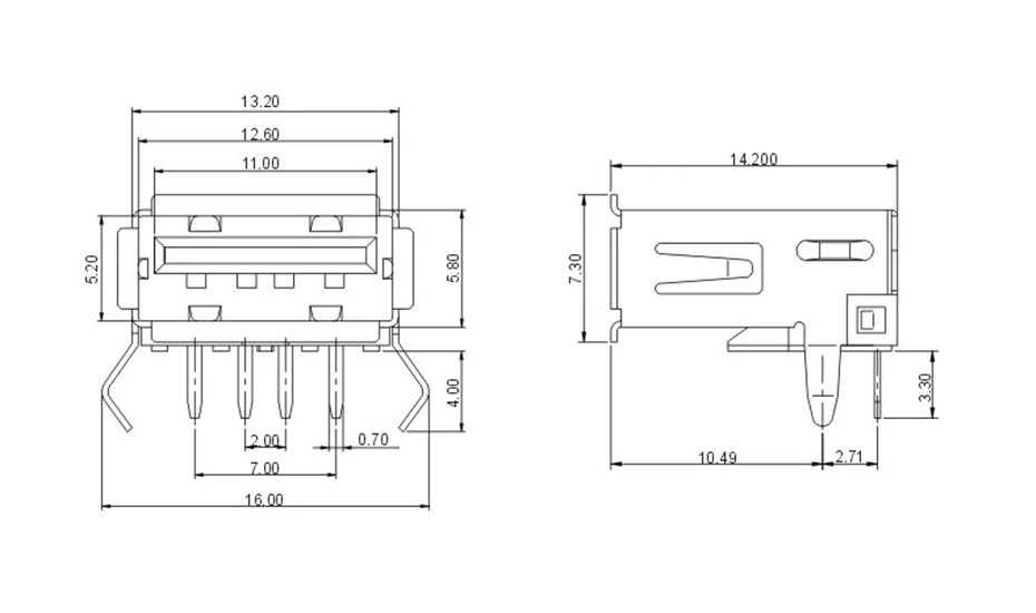 10pcs/lot USB 2.0 4Pin A Type Female Socket Connector G54 2 feet 90 degree Data Transmission