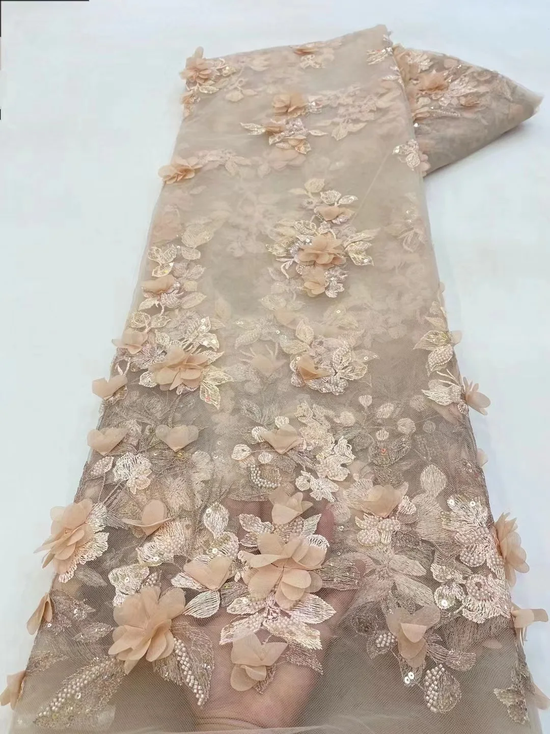 Three-dimensional Flower Dress Embroidered Fabric Fashion French Wedding Dress Bead Tube Lace Fabric