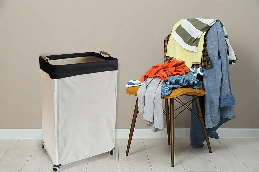 Laundry Basket With wheels Large disassembly Laundry Hampers with Wooden Handles Metal frame 	 home storage & organization