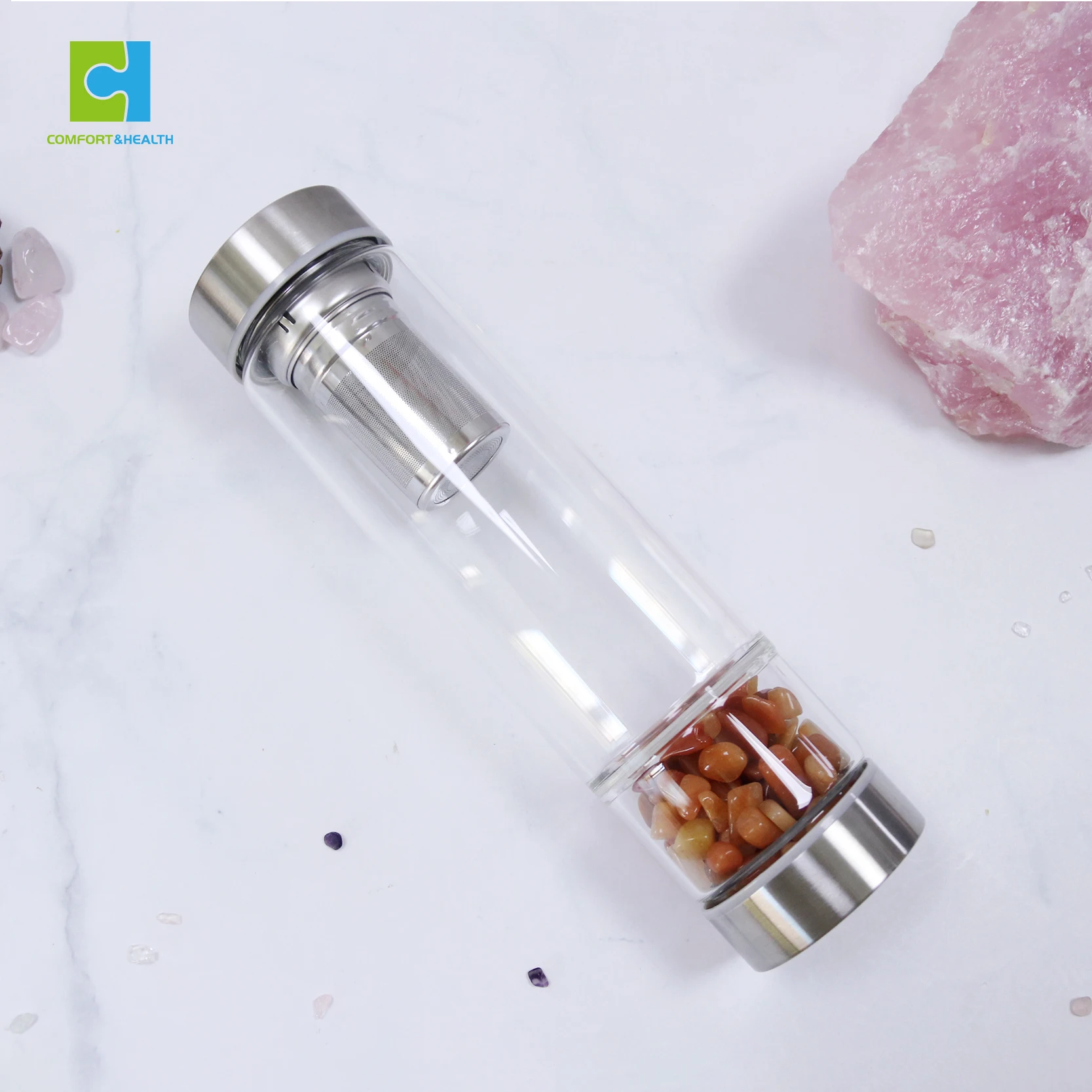 Double Wall Glass Water Bottle Tea Infuser Crystal Natural Healing Gem Diamond Drinking Bottles
