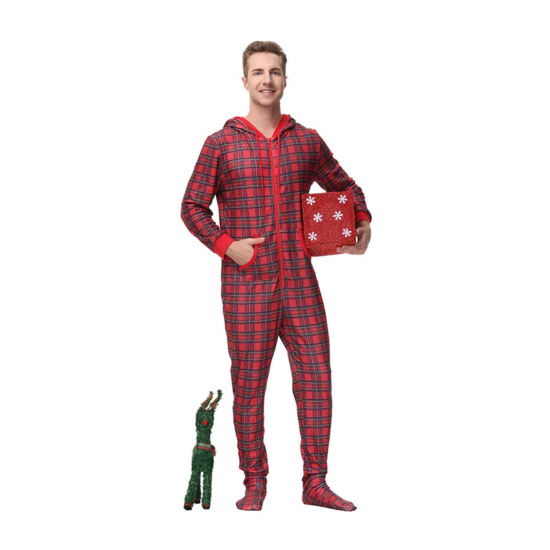 High Quality Hooded Pocket Long Sleeve Sexy Sleepwears Snow Plaid Nightgown Pajama Night Family Onesie Pajamas