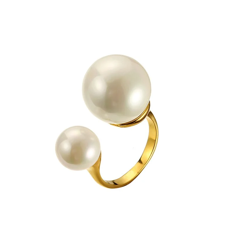 Female Fashion Accessories Gold Plated Stainless Steel Double Pearl Ring