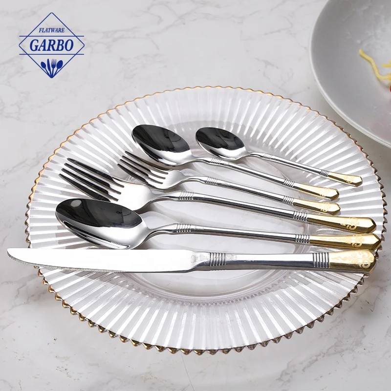 Modern food grade dishwasher safe tableware 201 stainless steel mirror laser gold plated cutlery flatware sets