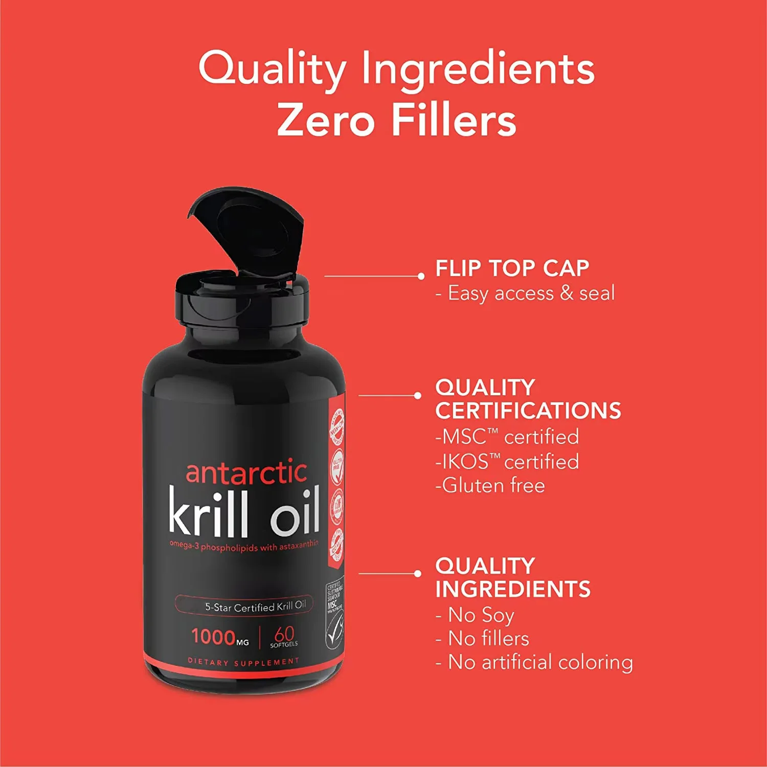 OEM Antarctic Krill масло 1000 мг с Omega-3s EPA & DHA + астаксантин | IKOS Non-GMO Проверено-60 Softgels