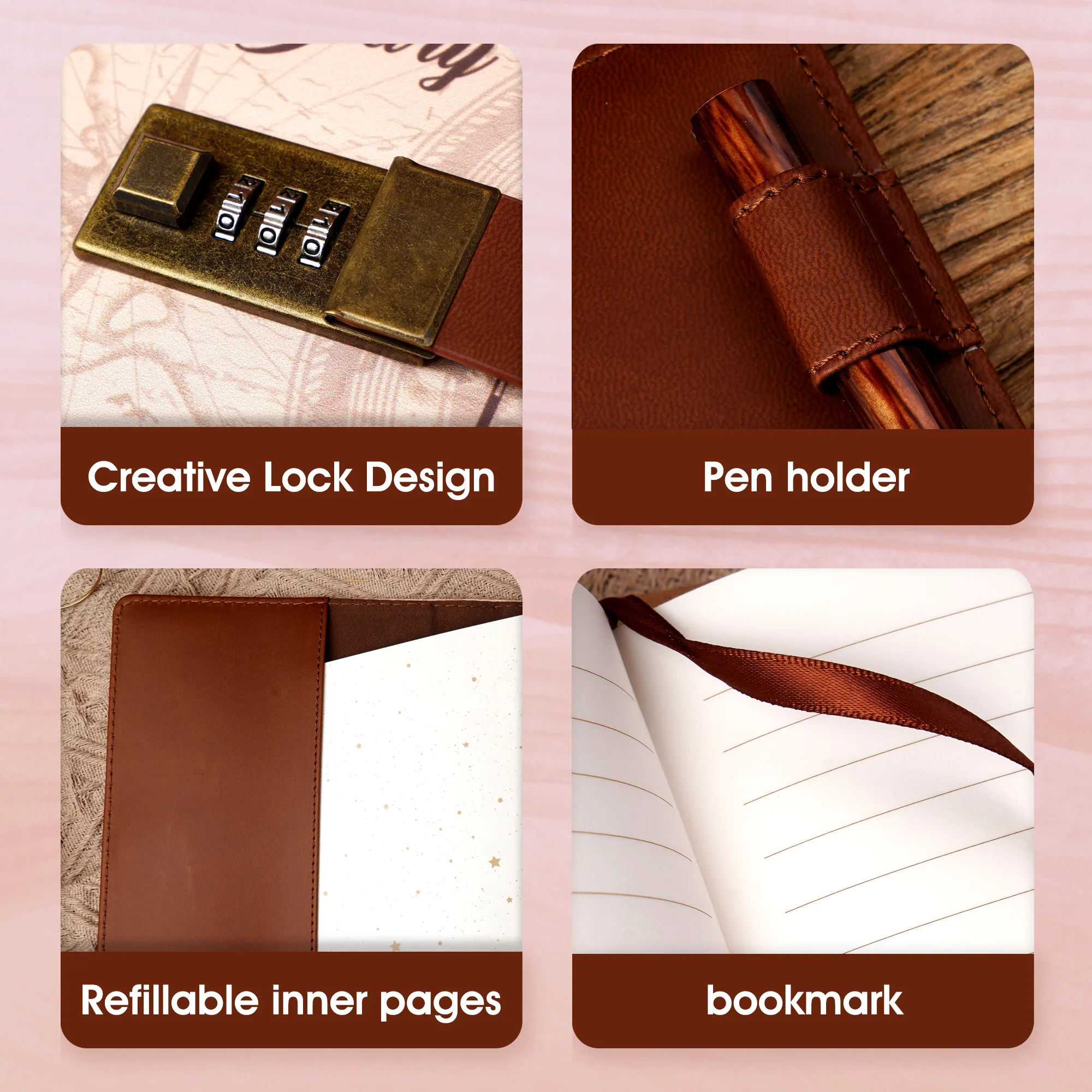 CAGIE A5 Diary with Lock  with Creative Lock Design Pen Loop  Refillable Inner Pages and Ribbon Bookmarks