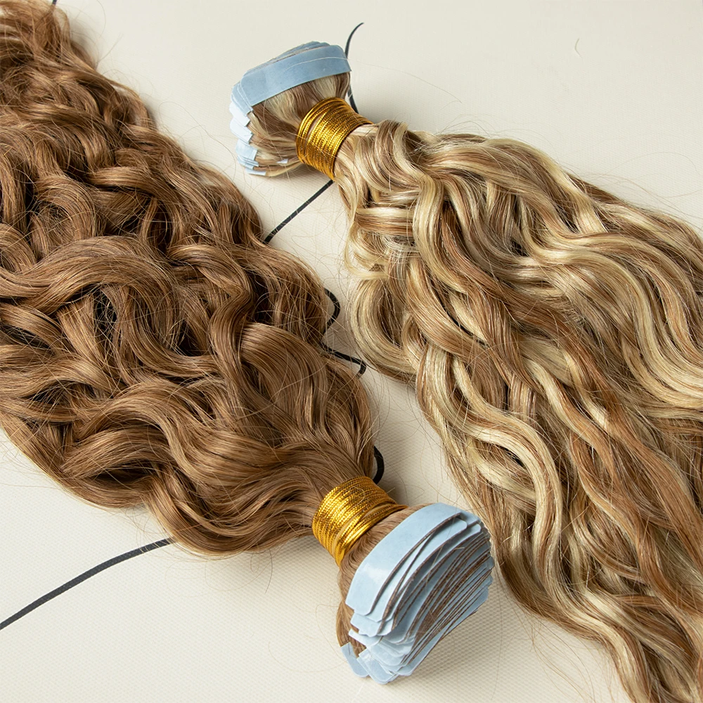 Hot selling natural raw Indian hair tape in human hair 100% natural raw curly hair water wave tape ins