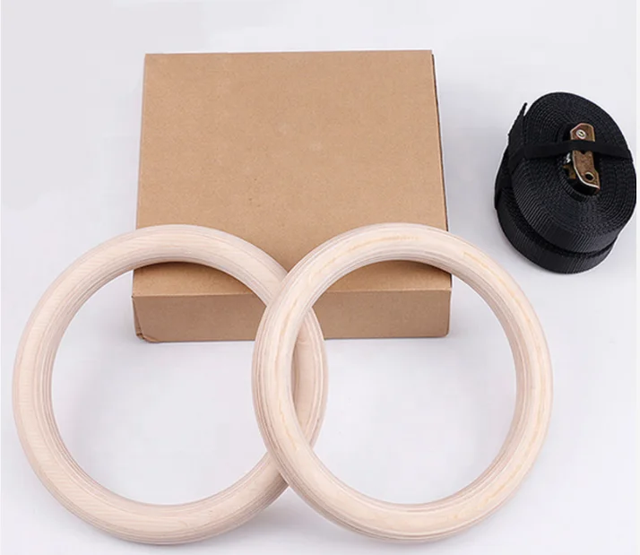 Logo Printed Wooden 28mm 32mm Pull Up Muscle GYM Ring nylon straps Gymnastics Athletic Dip Rings