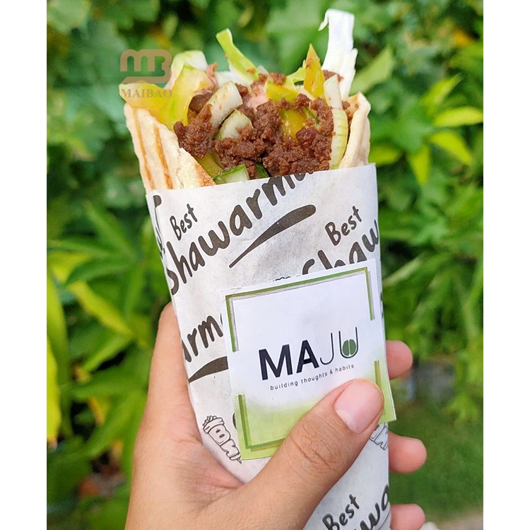 Wholesale wax coated food greaseproof paper sheet pita chicken burrito wrapping paper custom printed mexican taco wrapping paper