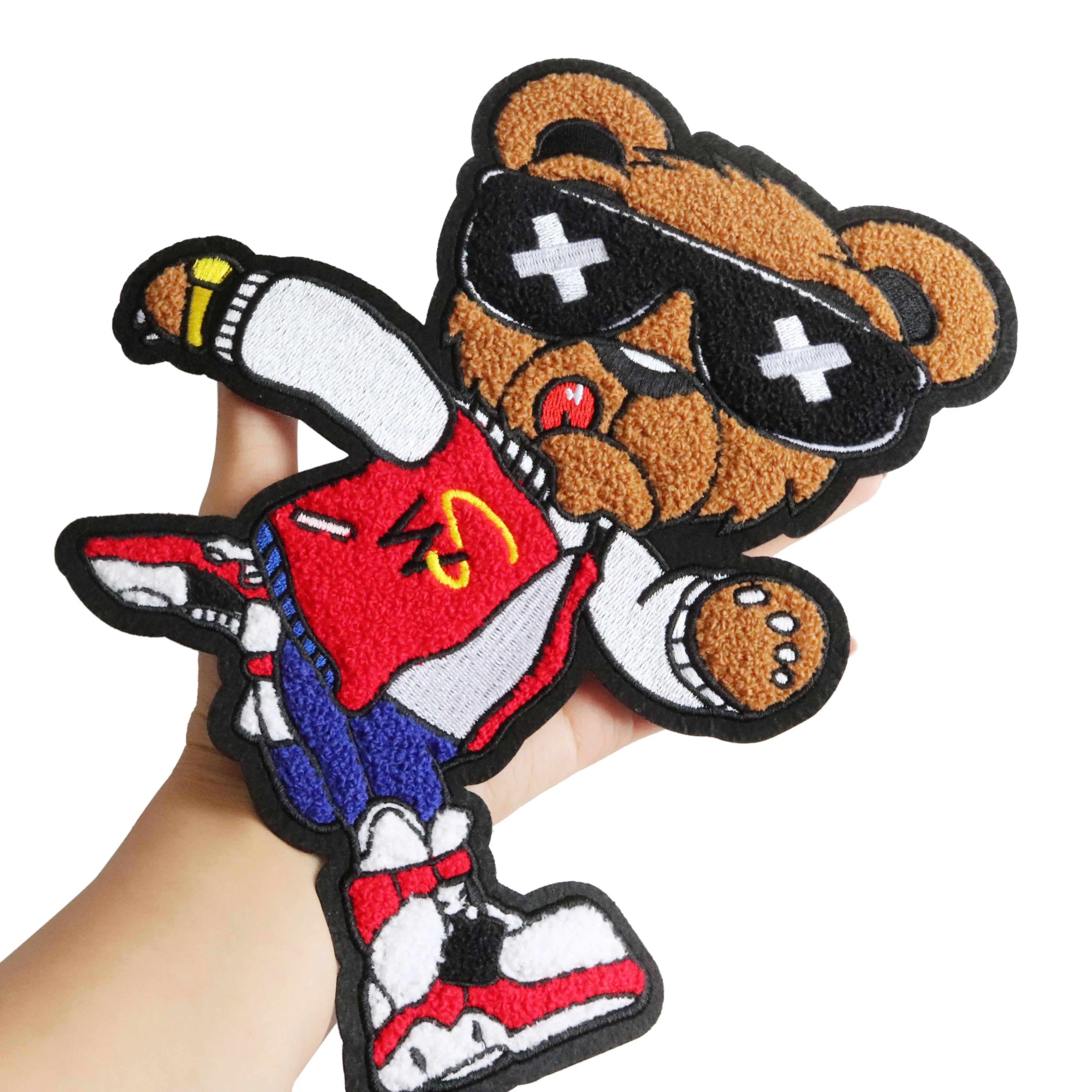 Wholesale Customized Good Quality fabric  embroidered bear iron on chenille patches bear chenille patches