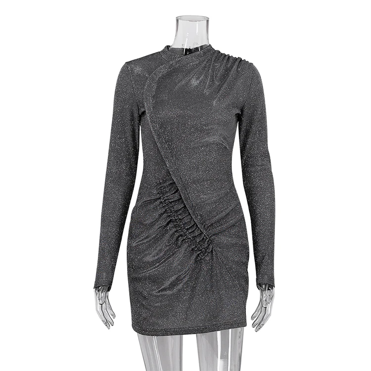 Fast Shipping Festival Birthday Sparkle Gray Long Sleeve Dress Ruched Bodycon Night Club Dresses For Woman
