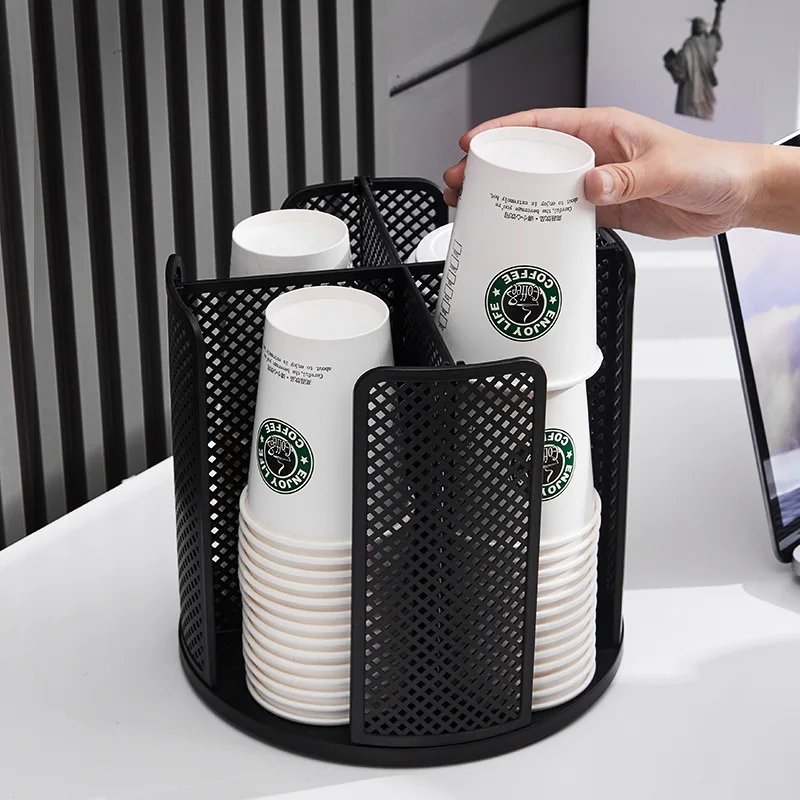 Paper Cup and Lid Holder 4 Compartment Rotation Plastic Cup Storage Organizer Coffee Cup Dispenser