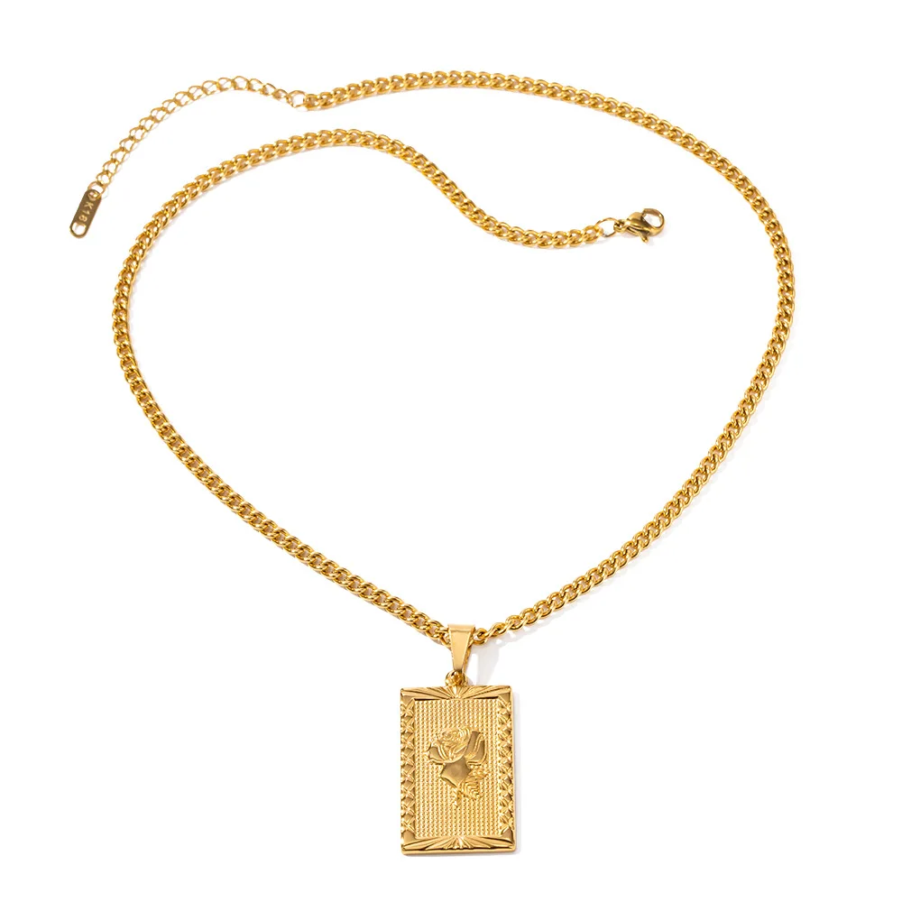 N1539 Tarnish Free Rose Flower Necklace Pendant Square Rectangle Stainless Steel Floral Necklace For Women Fashion Jewelry