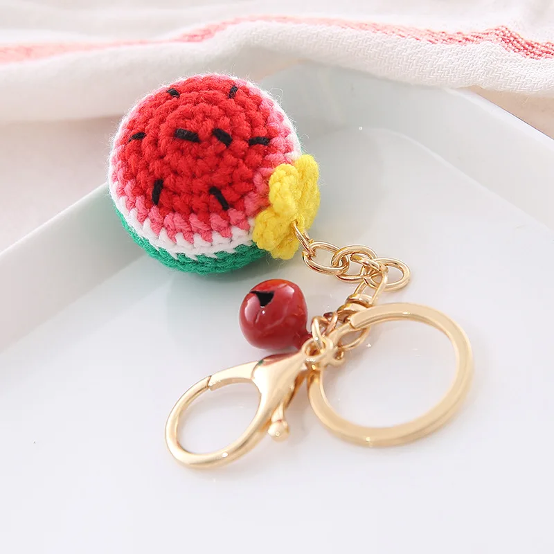 Wholesale Hand Knitted Kawaii Watermelon Orange Strawberry Fruit Food Keychain Cute Crochet Fruit Keychain Bag Charm Accessories
