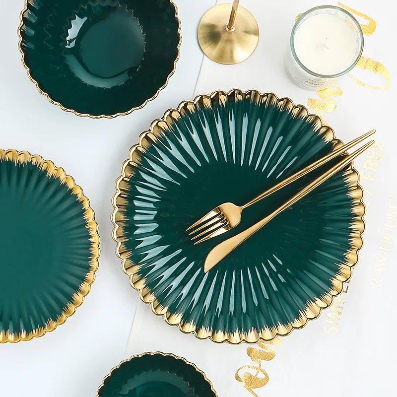factory supplier dinner set luxury plate ceramic tableware restaurant bowls gold plated dinnerware set