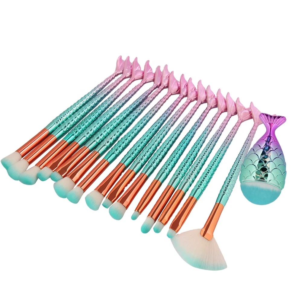 Maange beauty brushes mermaid shape plastic handle new design 16 pcs makeup brush set wholesale custom Logo makeup tools