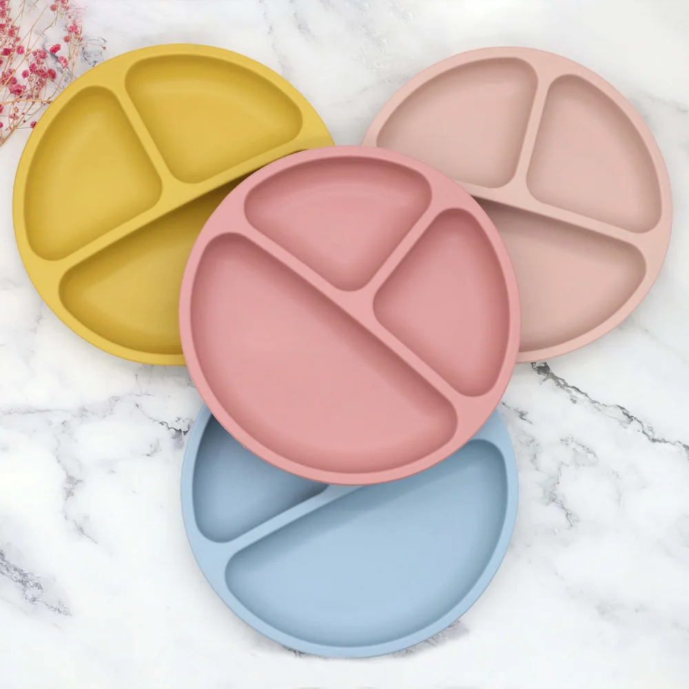 silicone baby modern divided round suction silicone dinner plate tableware with adsorption silicon kids food plate