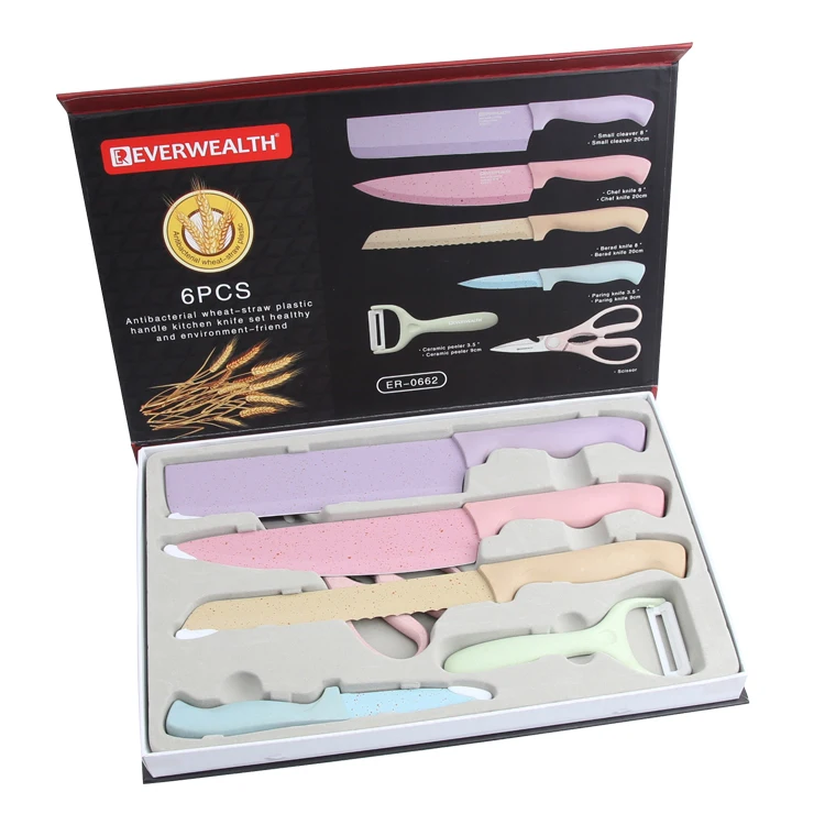 2021 new design wheat PP handle stainless steel non stick kitchen knife set in gift box packing