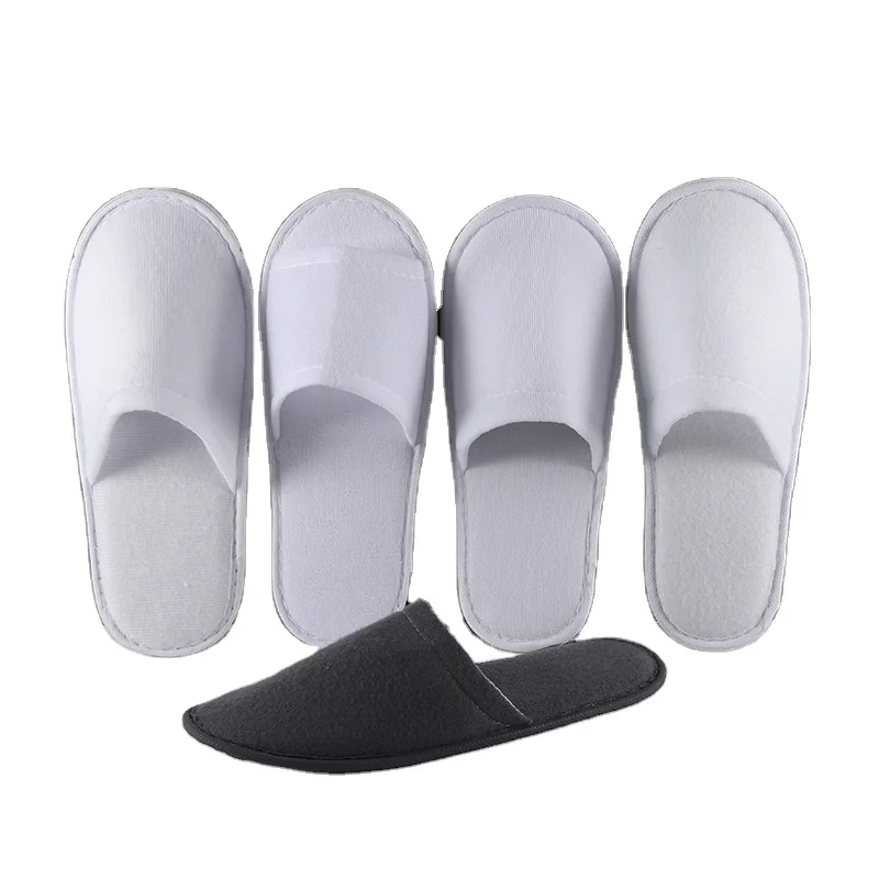Custom Logo Wholesale High Quality Fur Fluffy White Hotel Room Spa Guest Disposable Cotton Terry Slippers Wholesale Cheap