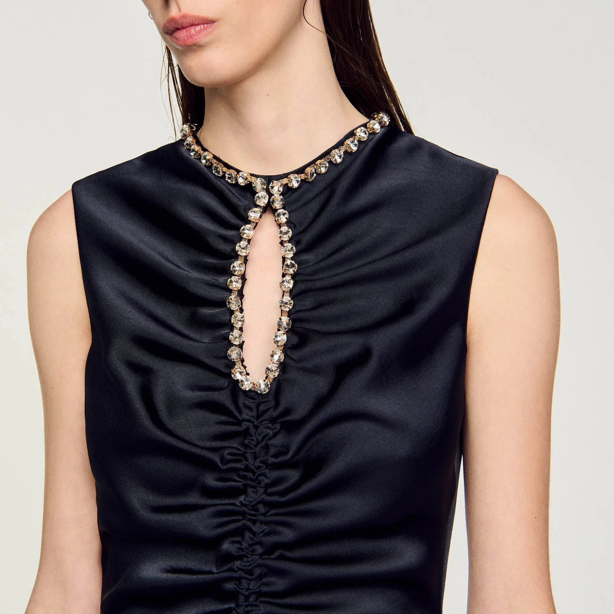 Bettergirl New Custom Quality Clothes French Black Sleeveless Sandro Dress Casual Satin-effect Rhinestone Midi Dress