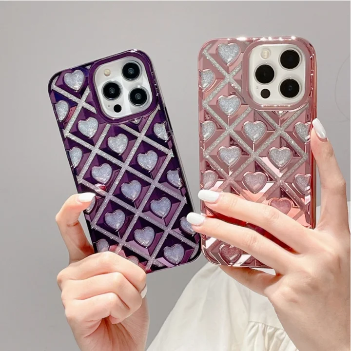 Deluxe Electroplate Rhombus Loving TPU Mobile Phone Case For iphone 15 14 pro max 13 12 11 Soft Protect Back Cover Shell