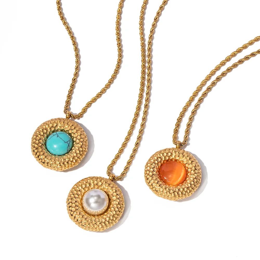 Vershal VSB231 Fine Natural Waterproof Luxury Stainless Steel Vortex Texture Opal Turquoise Pearl Circle Pendant Necklace